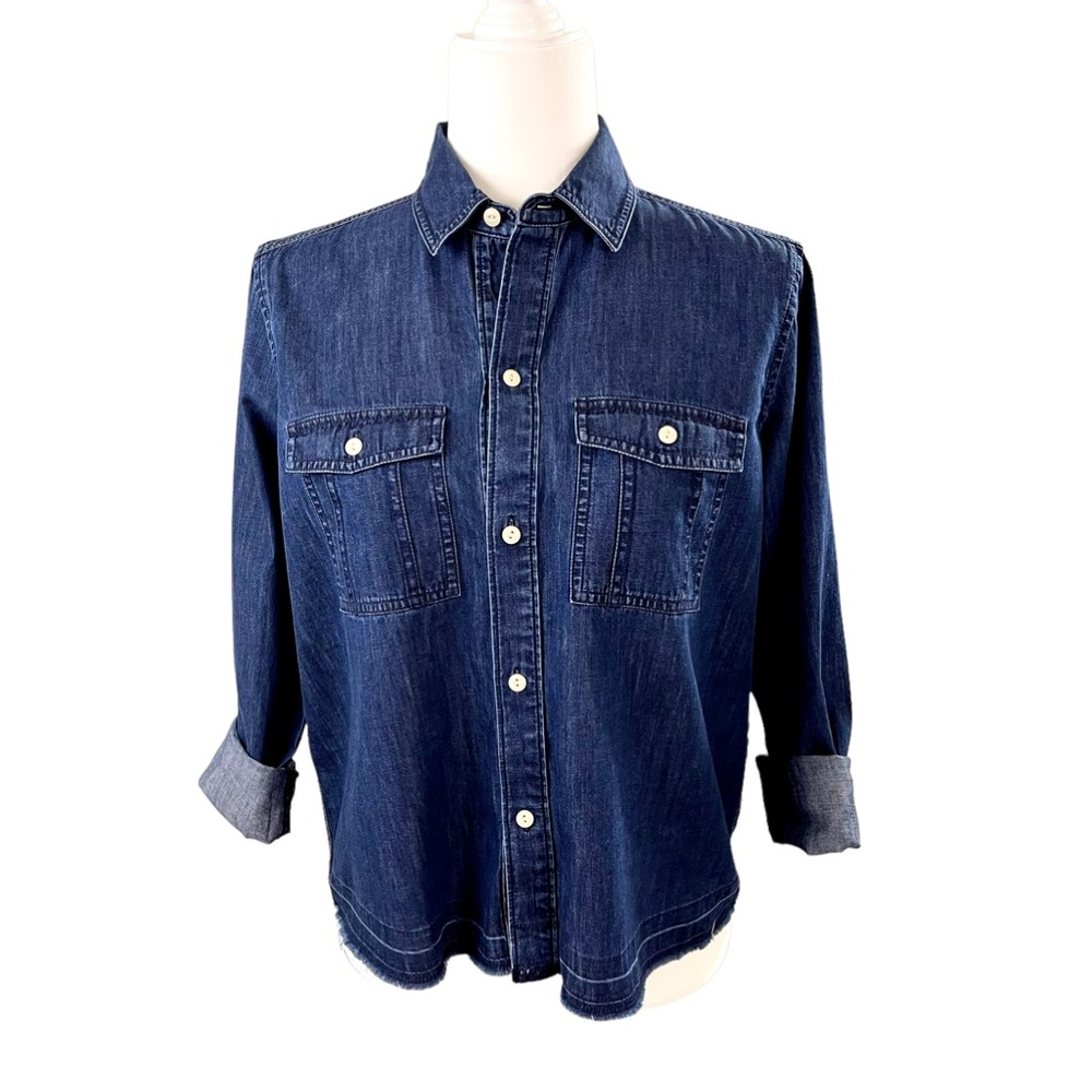 Madewell: Chambray, button down shirt, drop down, raw hem, light distres…